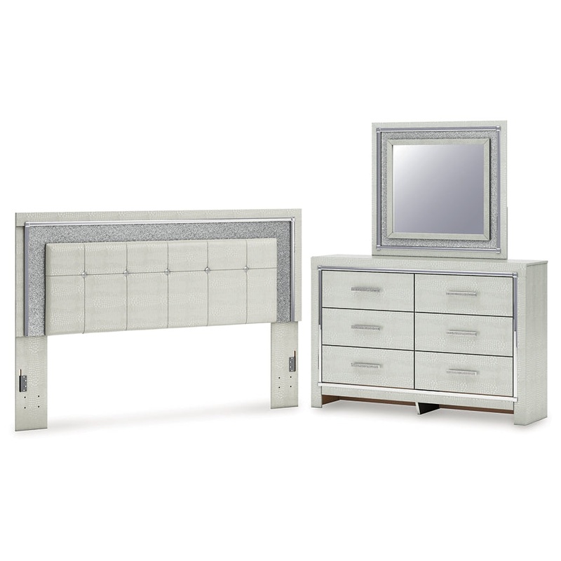 Zyniden King Upholstered Panel Headboard with Mirrored Dresser
