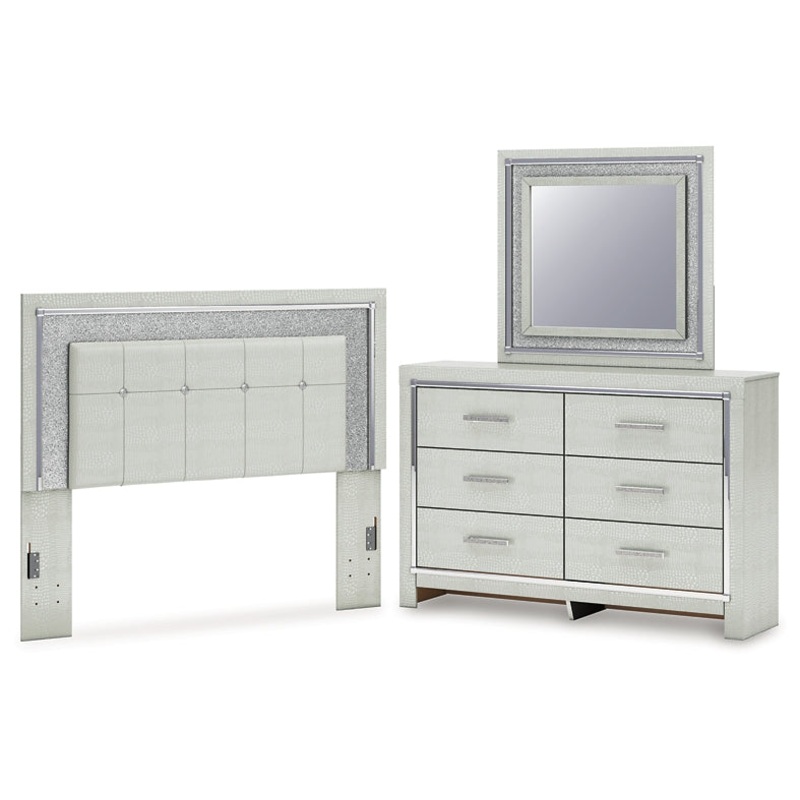 Zyniden Queen Upholstered Panel Headboard with Mirrored Dresser