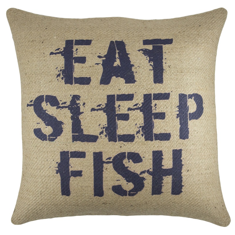 “Eat Sleep Fish” Burlap Pillow, Navy, 18″x18″ – Rustic – Decorative Pillows – by TheWatsonShop