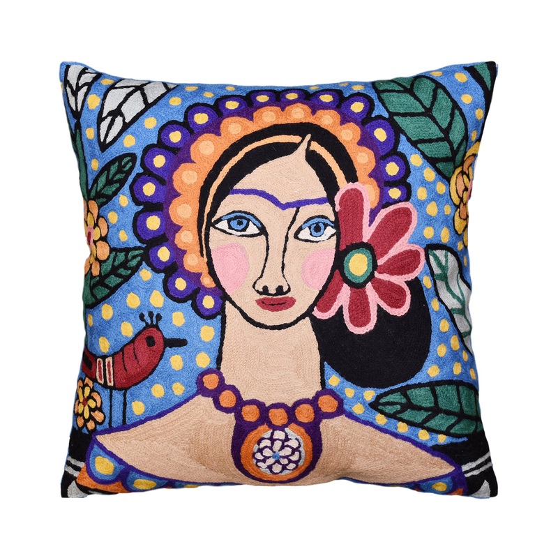 Bella Senorita Pillow Cover Necklace Collar Colorful Blue Handmade Wool 18×18 – Contemporary – Decorative Pillows – by Kashmir Fine Arts & Crafts