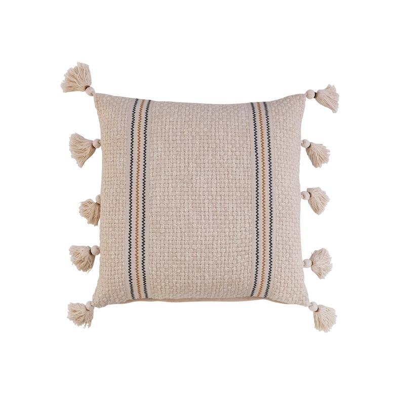 18 Inches Square Woven Cotton Pillow With Embroidery and Tassels, Multicolored – Transitional – Decorative Pillows – by Olive Grove